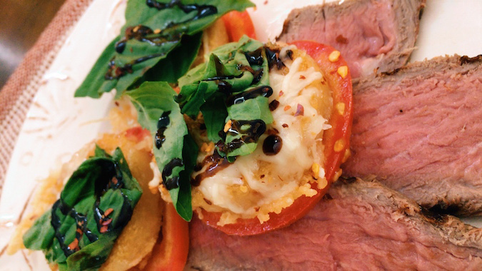 Steak Polenta Parmesan Tomato and Basil Stacks